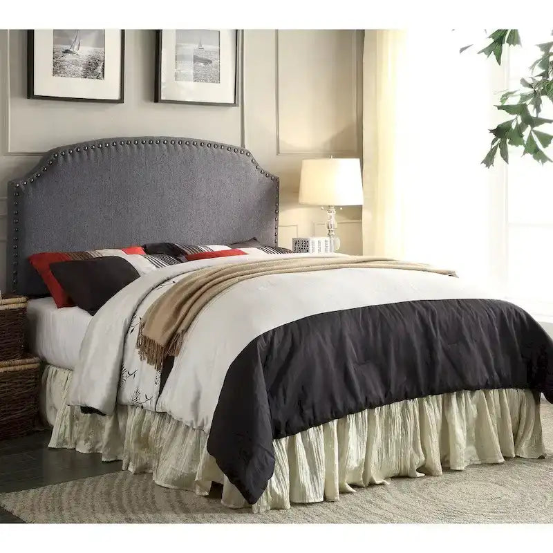 Emira Transitional Grey Adjustable Flax Upholstered Nailhead Headboard by Furniture of America