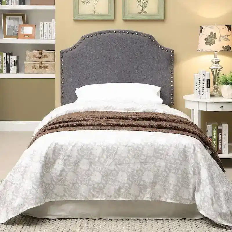 Emira Transitional Grey Adjustable Flax Upholstered Nailhead Headboard by Furniture of America