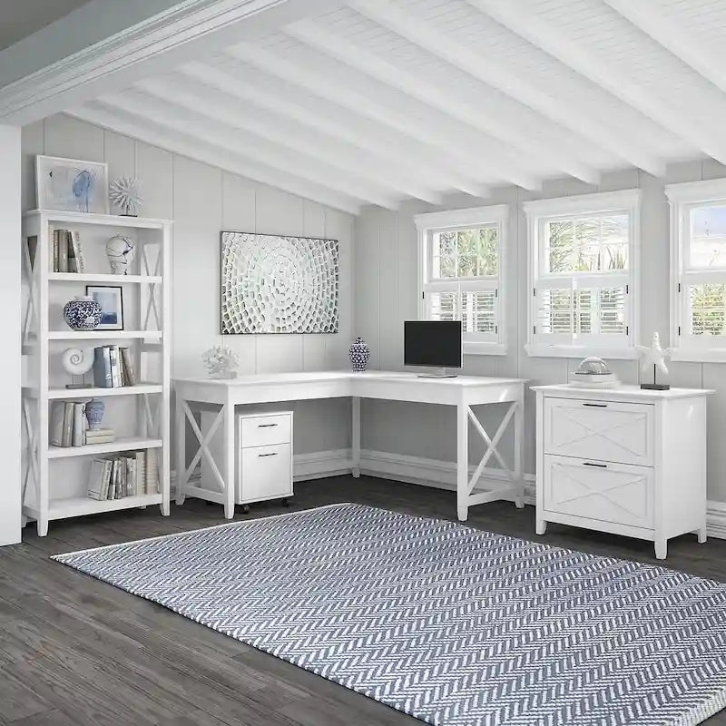 Key West 60W L Desk with File Cabinets and Bookcase by Bush Furniture