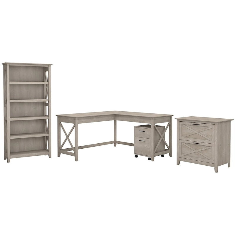 Key West 60W L Desk with File Cabinets and Bookcase by Bush Furniture