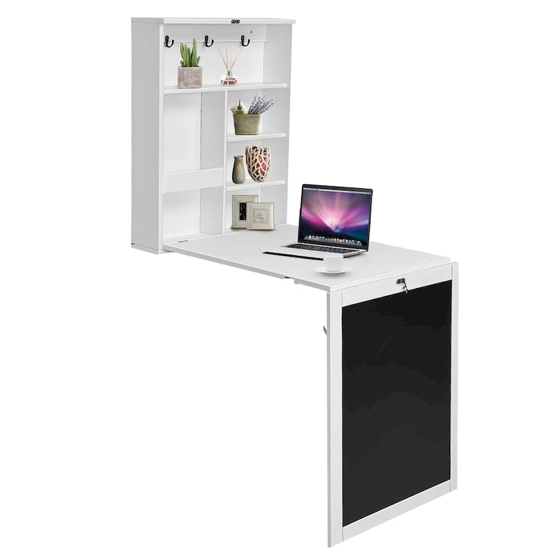 Foldable Wall Mounted Table Convertible Desk with Blackboard Shelves