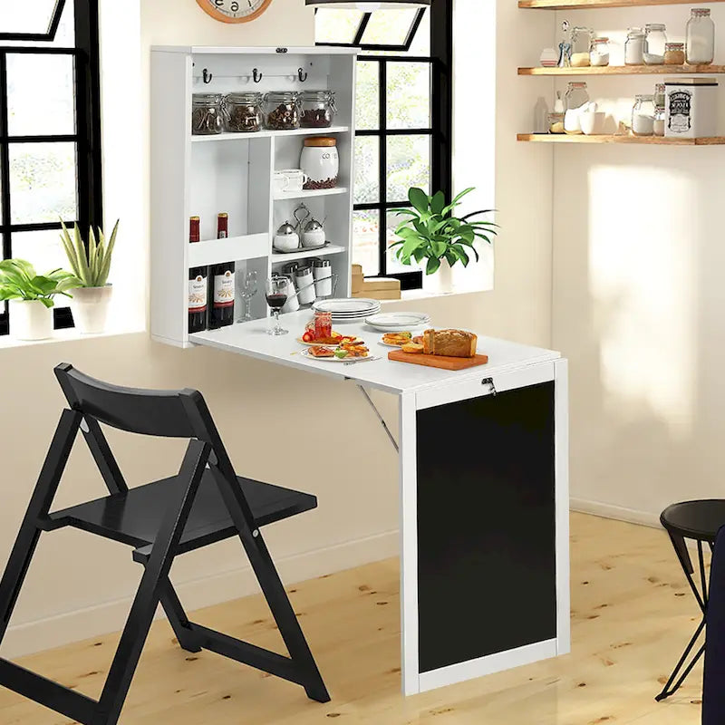 Foldable Wall Mounted Table Convertible Desk with Blackboard Shelves