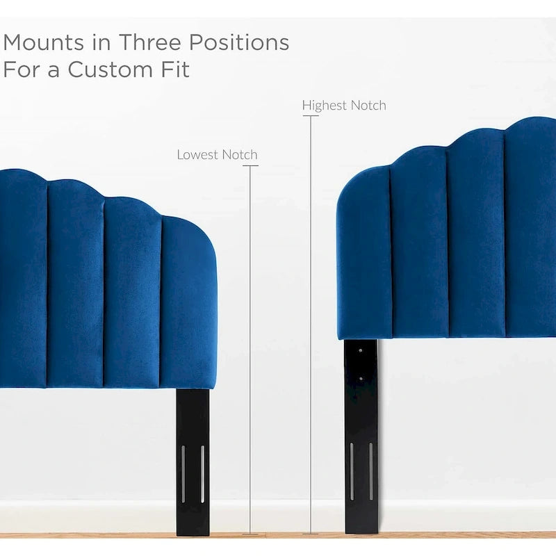 Burney Scalloped Blue Velvet Upholstered King/California King Size Headboard