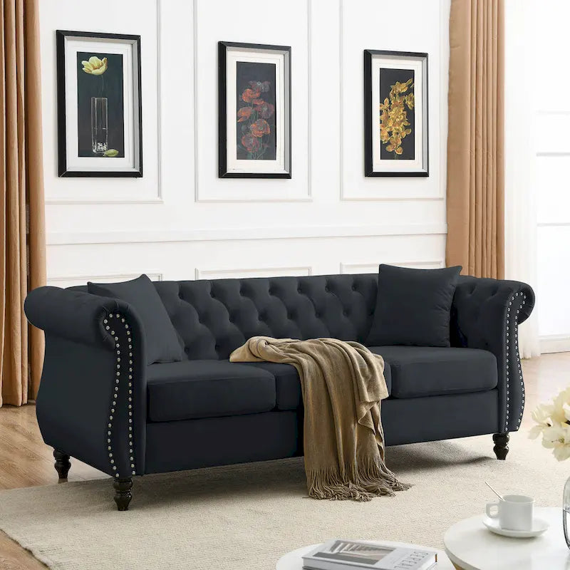 [Video] 80 Chesterfield Sofa Black Velvet for Living Room, 3 Seater Sofa Tufted Couch with Rolled Arms and Nailhead for Living