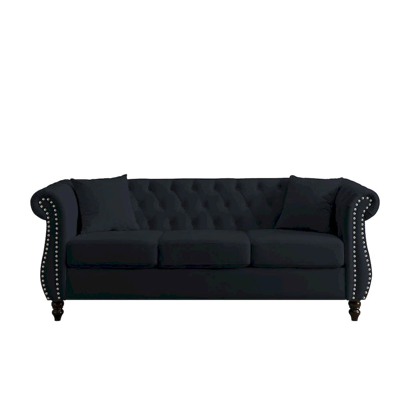 [Video] 80 Chesterfield Sofa Black Velvet for Living Room, 3 Seater Sofa Tufted Couch with Rolled Arms and Nailhead for Living