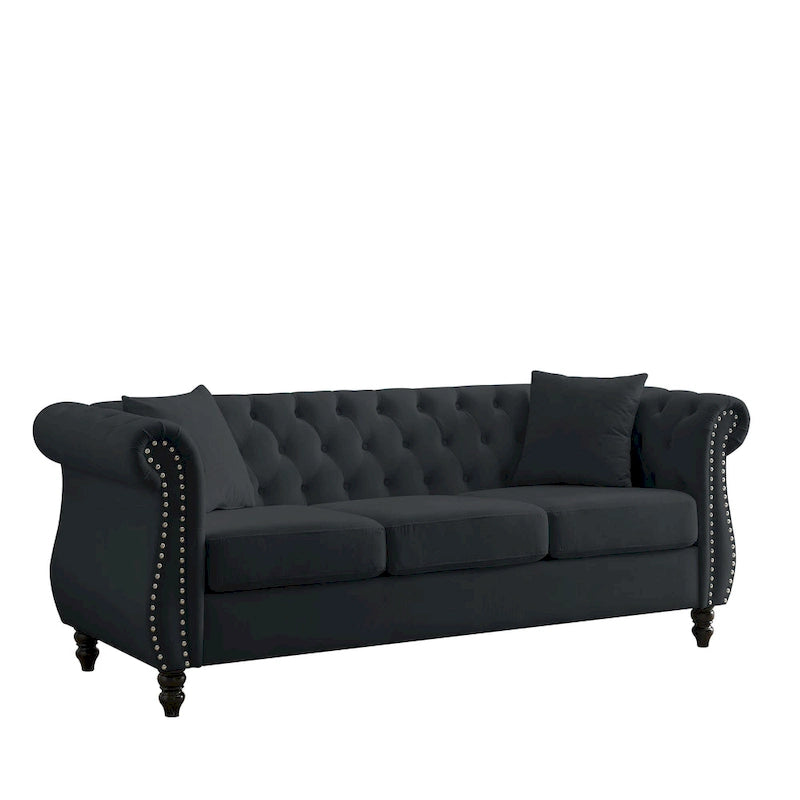 [Video] 80 Chesterfield Sofa Black Velvet for Living Room, 3 Seater Sofa Tufted Couch with Rolled Arms and Nailhead for Living