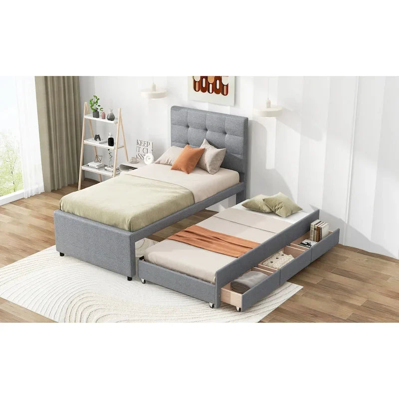 Twin Size Upholstered Platform Bed with Pull-out Twin Size Trundle and 3 Drawers, Gray