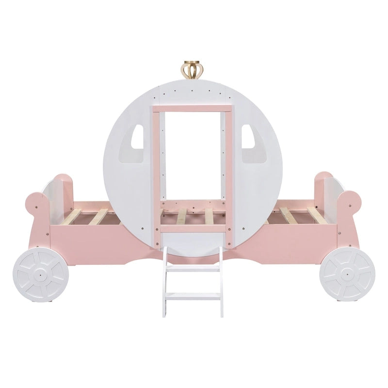 Twin size Princess Carriage Bed with Crown ,Wood Platform Car Bed with Stair,White+Pink