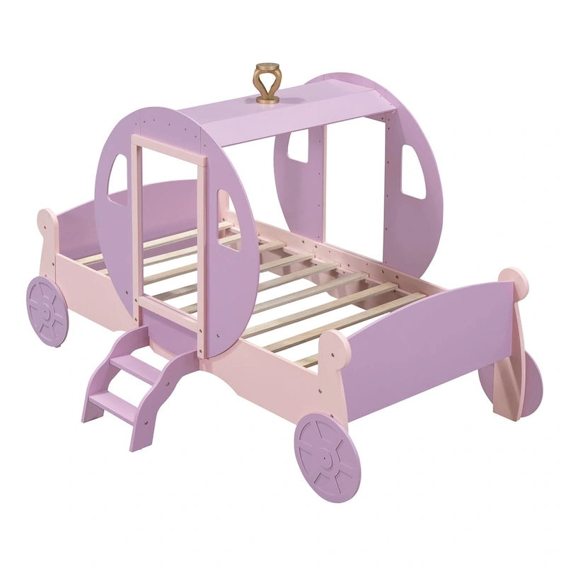 Twin size Princess Carriage Bed with Crown ,Wood Platform Car Bed with Stair,White+Pink