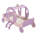 Twin size Princess Carriage Bed with Crown ,Wood Platform Car Bed with Stair,White+Pink