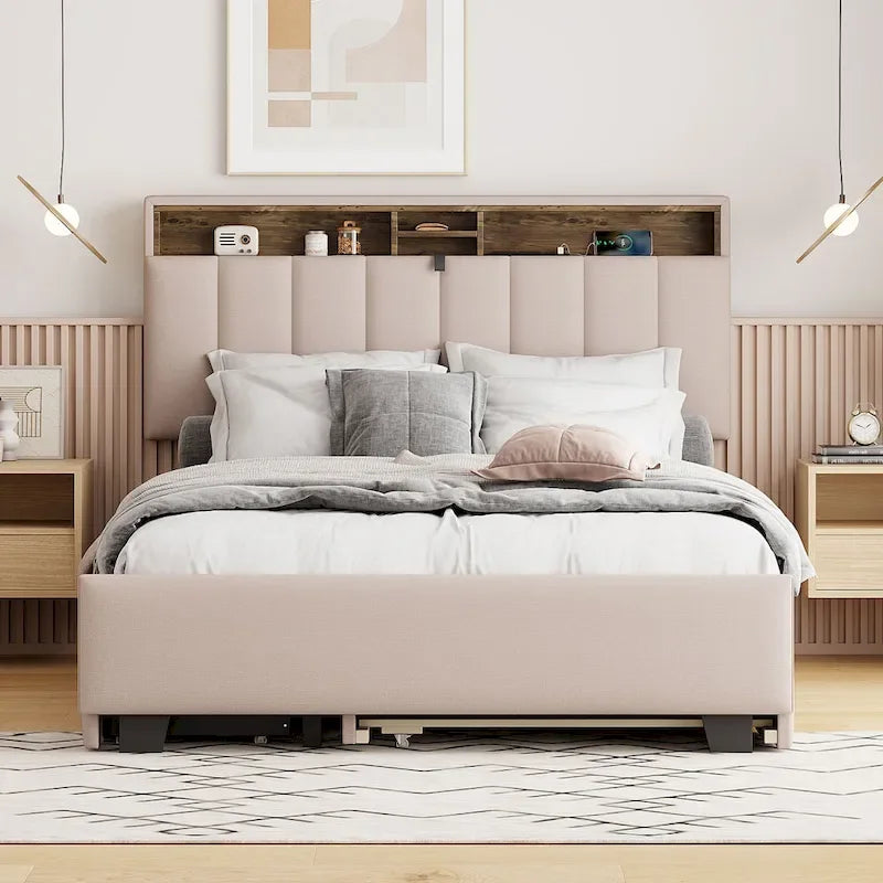 Full size Upholstered Platform Bed with Storage Headboard, Trundle & 2 drawers USB Ports, Linen, Beige