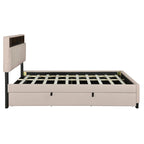 Full size Upholstered Platform Bed with Storage Headboard, Trundle & 2 drawers USB Ports, Linen, Beige