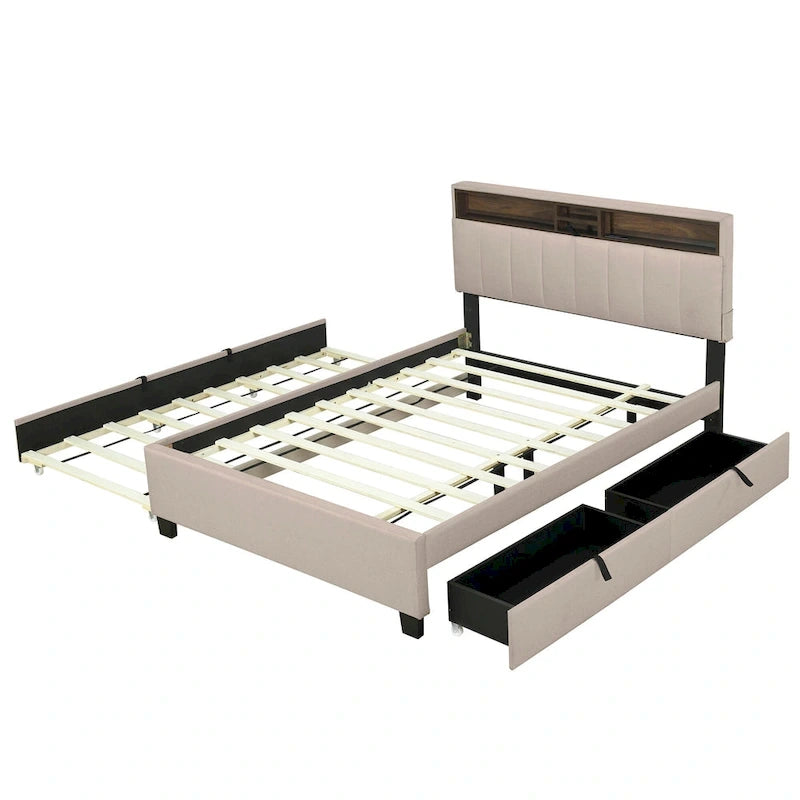 Full size Upholstered Platform Bed with Storage Headboard, Trundle & 2 drawers USB Ports, Linen, Beige