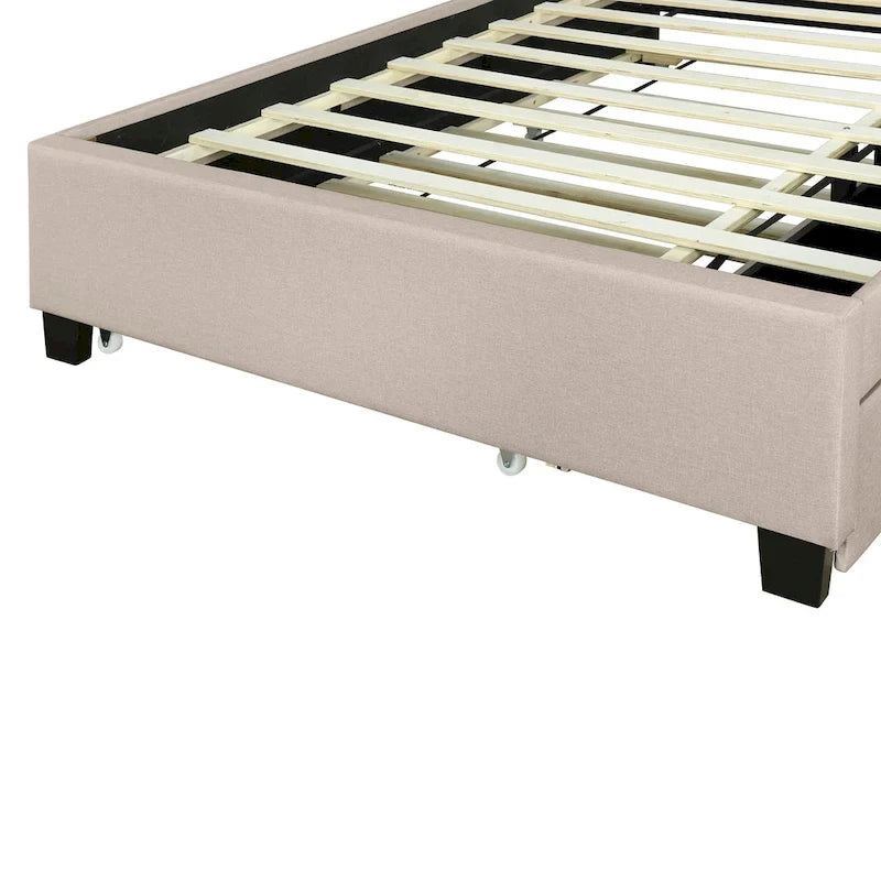 Full size Upholstered Platform Bed with Storage Headboard, Trundle & 2 drawers USB Ports, Linen, Beige
