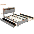 Full size Upholstered Platform Bed with Storage Headboard, Trundle & 2 drawers USB Ports, Linen, Beige