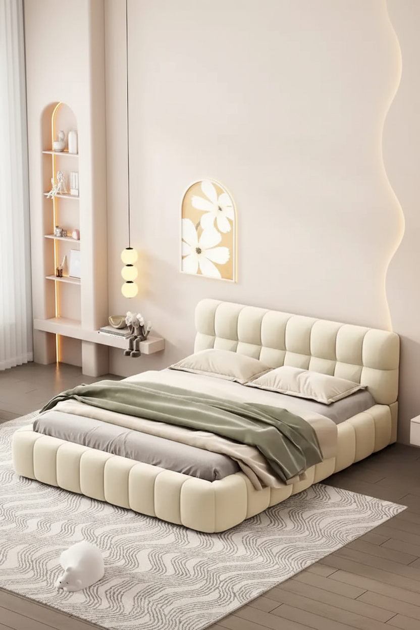 Queen Size Upholstered Platform Bed with Thick Fabric, Grounded Bed with Solid Frame, Beige