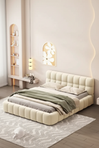 Queen Size Upholstered Platform Bed with Thick Fabric, Grounded Bed with Solid Frame, Beige
