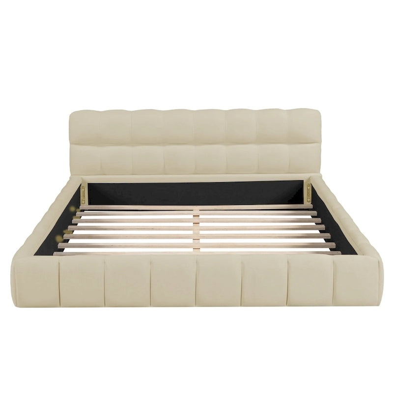 Queen Size Upholstered Platform Bed with Thick Fabric, Grounded Bed with Solid Frame, Beige