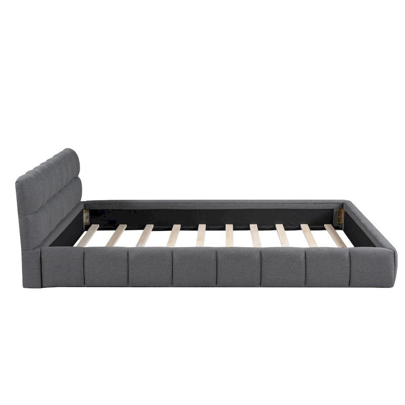 Queen Size Upholstered Platform Bed with Thick Fabric, Grounded Bed with Solid Frame, Beige