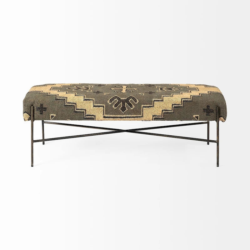 Avery I Olive & Beige Upholstered Patterned Seat Accent Bench - 55W x 17D x 18H