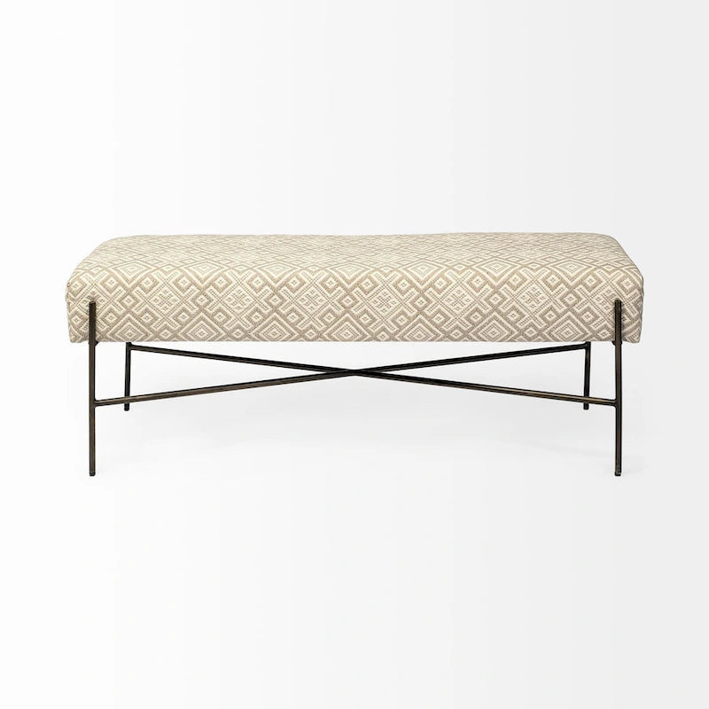 Avery I Olive & Beige Upholstered Patterned Seat Accent Bench - 55W x 17D x 18H