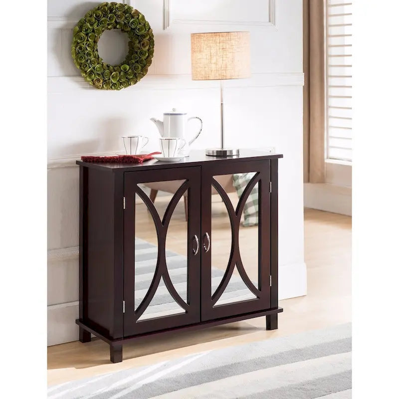Espresso Wood Entryway Console Sofa Table, Mirrored Doors