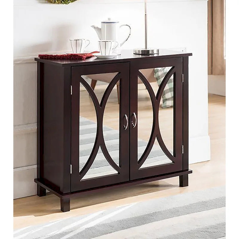 Espresso Wood Entryway Console Sofa Table, Mirrored Doors