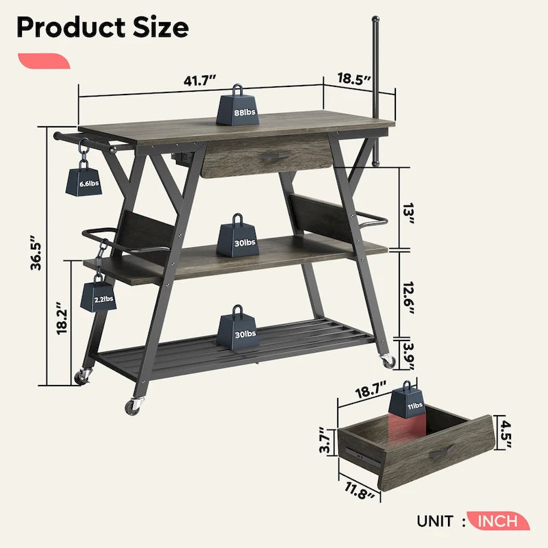 41.7 inch Wide Rolling Kitchen Island with Drawer - 41.7 inch