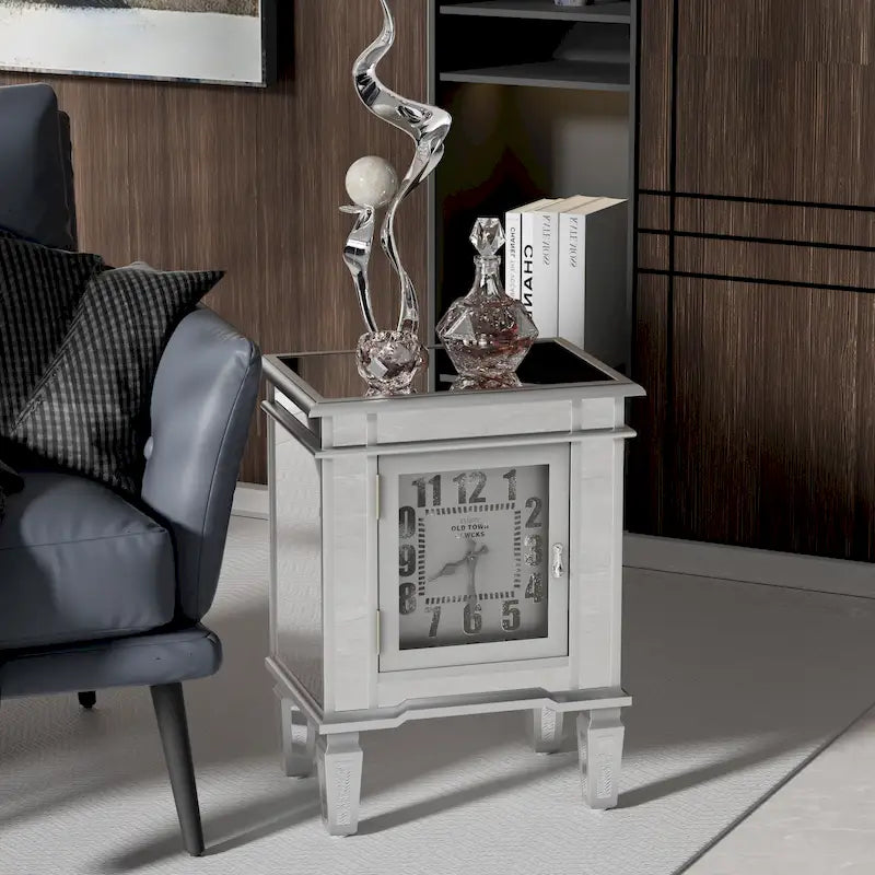 Mirrored Nightstand Clock End Table Silver Bedside Table Living Room - 19x13x25