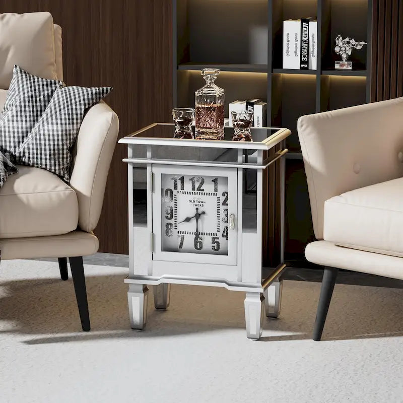 Mirrored Nightstand Clock End Table Silver Bedside Table Living Room - 19x13x25