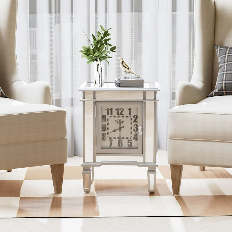 Mirrored Nightstand Clock End Table Silver Bedside Table Living Room - 19x13x25