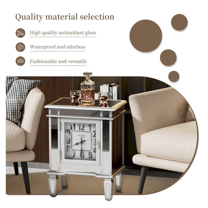 Mirrored Nightstand Clock End Table Silver Bedside Table Living Room - 19x13x25