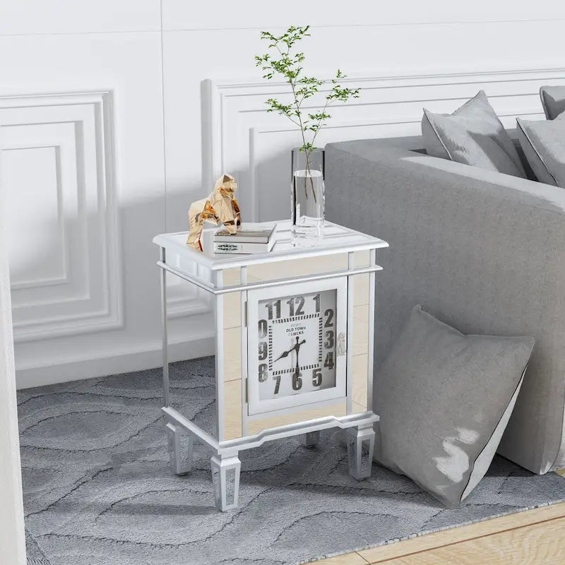 Mirrored Nightstand Clock End Table Silver Bedside Table Living Room - 19x13x25