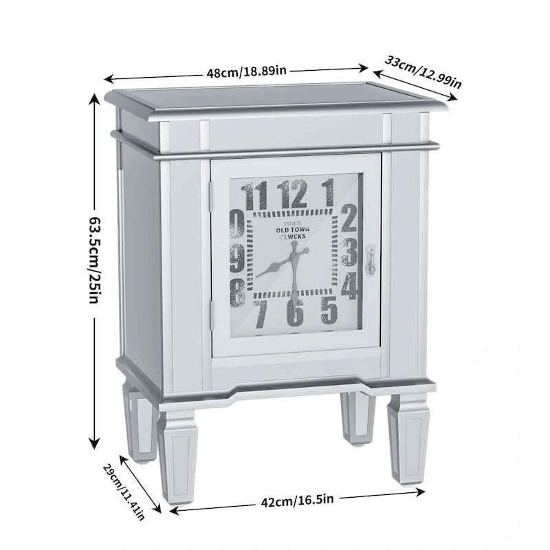 Mirrored Nightstand Clock End Table Silver Bedside Table Living Room - 19x13x25