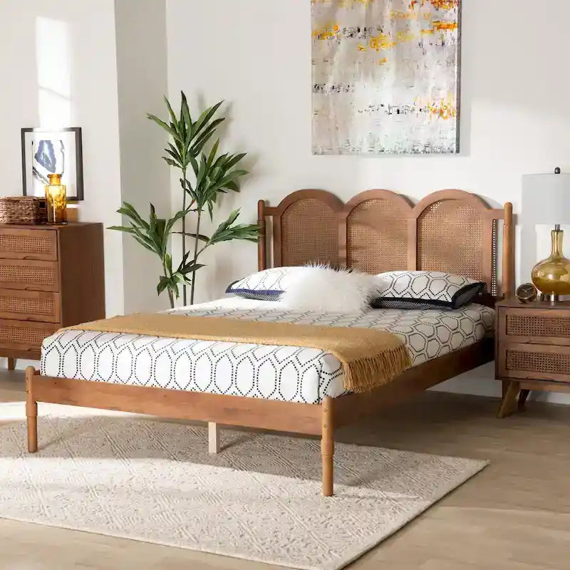 Thatcher Mid-Century Modern Walnut Brown Finished Wood Queen Size Platform Bed with Woven Rattan