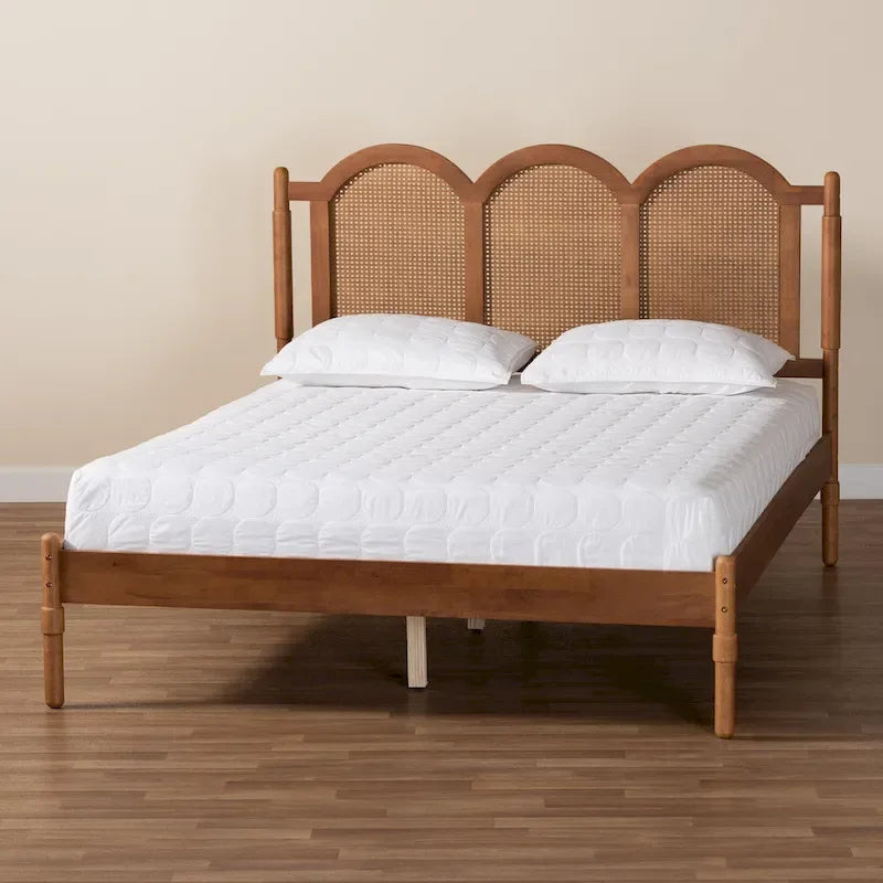 Thatcher Mid-Century Modern Walnut Brown Finished Wood Queen Size Platform Bed with Woven Rattan