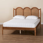 Thatcher Mid-Century Modern Walnut Brown Finished Wood Queen Size Platform Bed with Woven Rattan