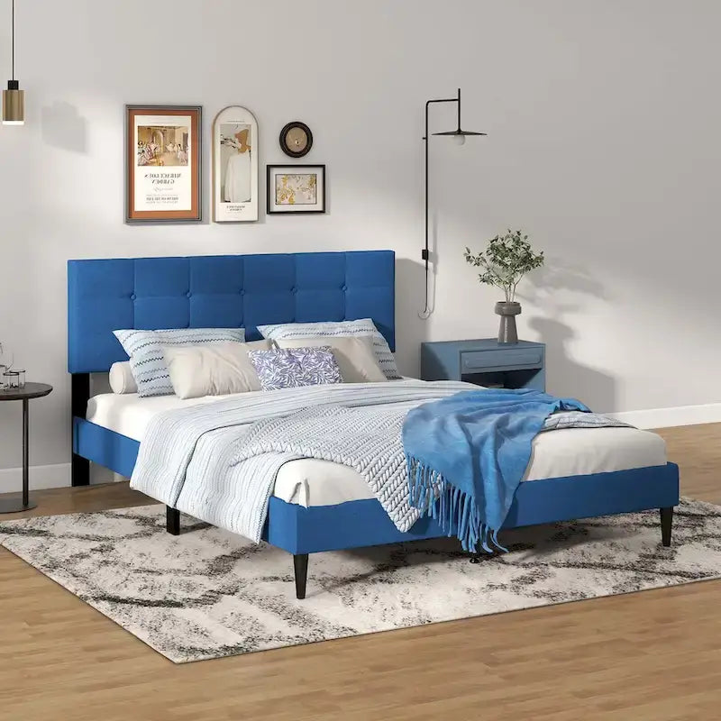 Costway Queen Upholstered Platform Bed Mattress Foundation Button