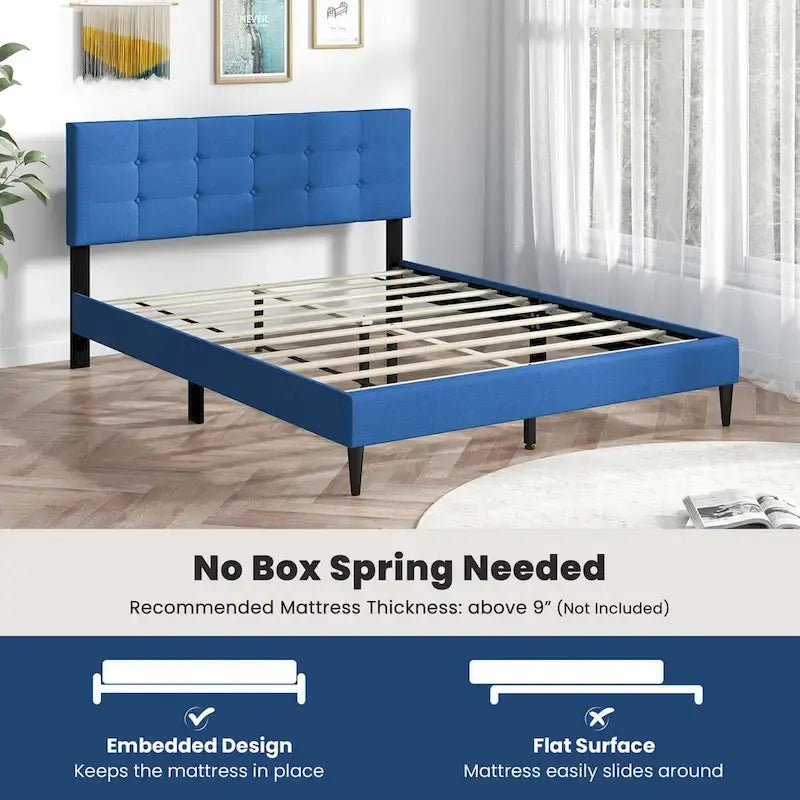 Costway Queen Upholstered Platform Bed Mattress Foundation Button