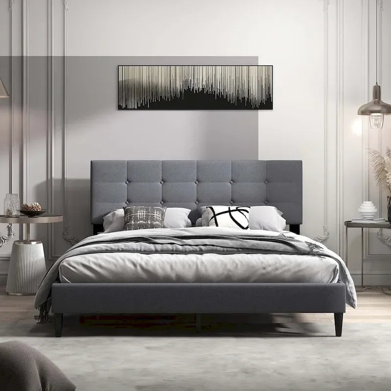 Costway Queen Upholstered Platform Bed Mattress Foundation Button