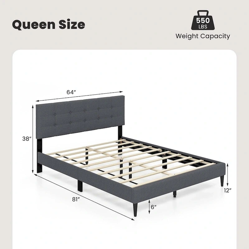 Costway Queen Upholstered Platform Bed Mattress Foundation Button
