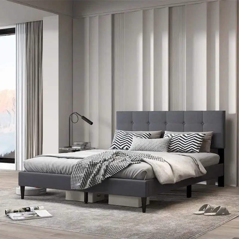 Costway Queen Upholstered Platform Bed Mattress Foundation Button