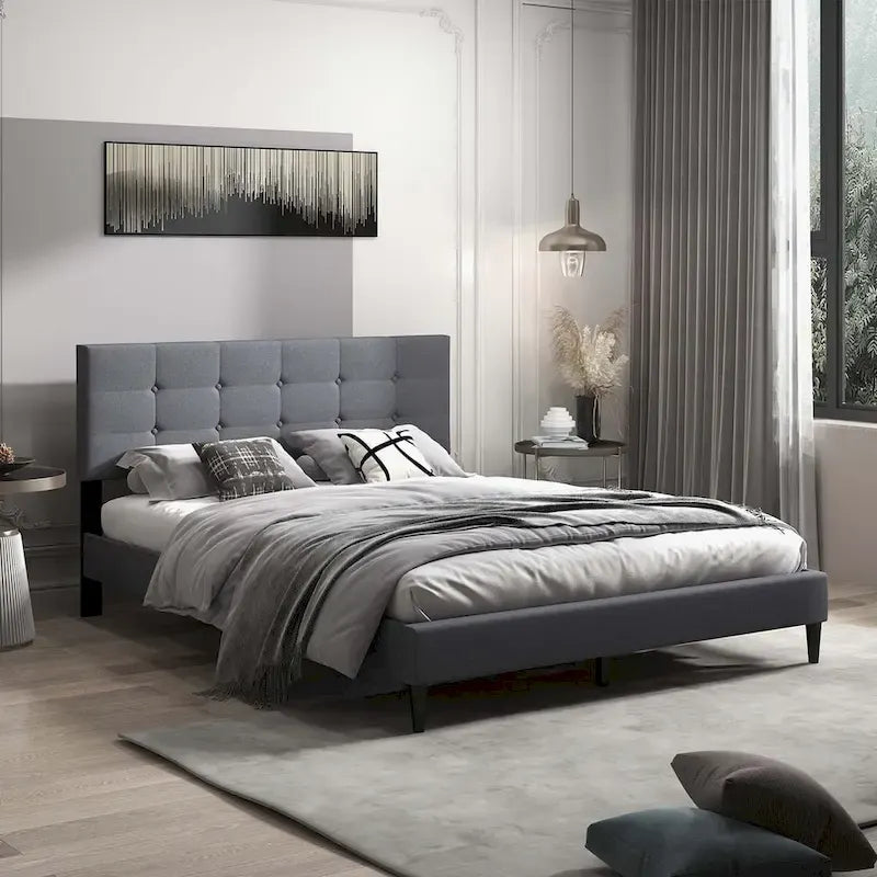 Costway Queen Upholstered Platform Bed Mattress Foundation Button