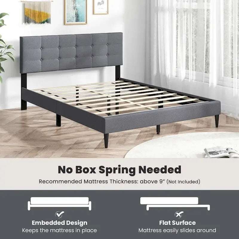 Costway Queen Upholstered Platform Bed Mattress Foundation Button
