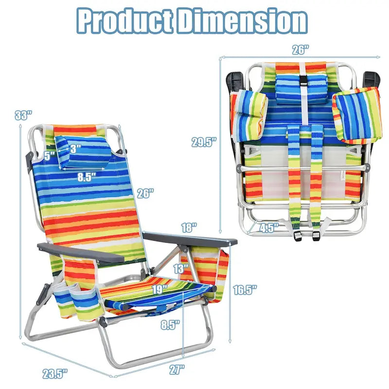 Gymax 2PCS Folding Beach Backpack Chair Reclining Camping Chair w/ - See Details