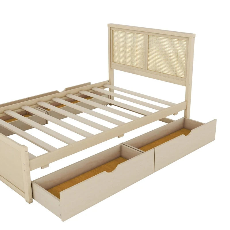 Harper&Bright Designs Rattan Headboard Storage Platform Bed with 4 Drawers