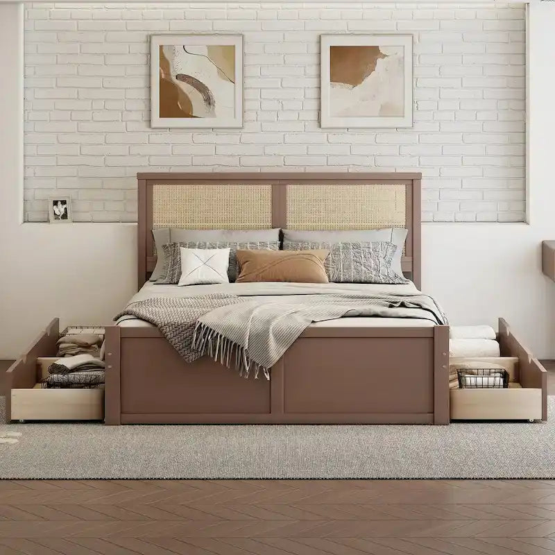 Harper&Bright Designs Rattan Headboard Storage Platform Bed with 4 Drawers