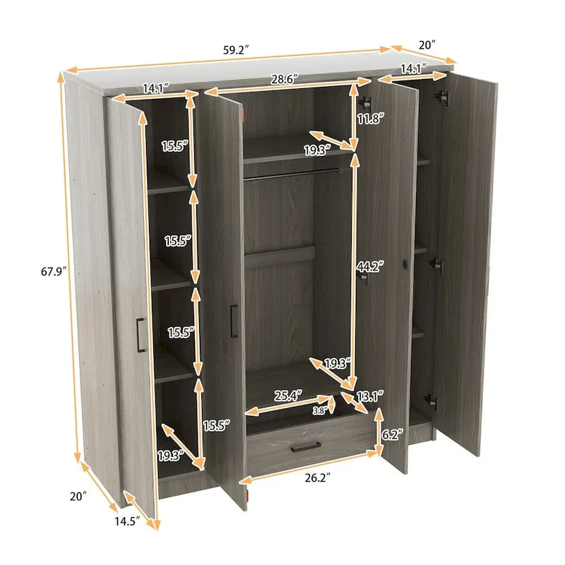 4-Door Wardrobe Armoires with 1 Drawer