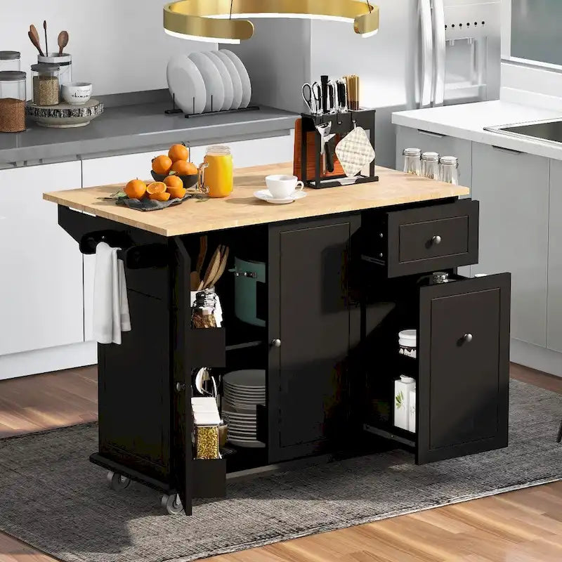 Kitchen Island on Wheels with Drop Leaf and 3 Tier Pull Out Organizer