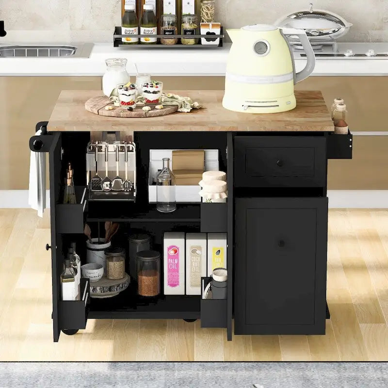 Kitchen Island on Wheels with Drop Leaf and 3 Tier Pull Out Organizer